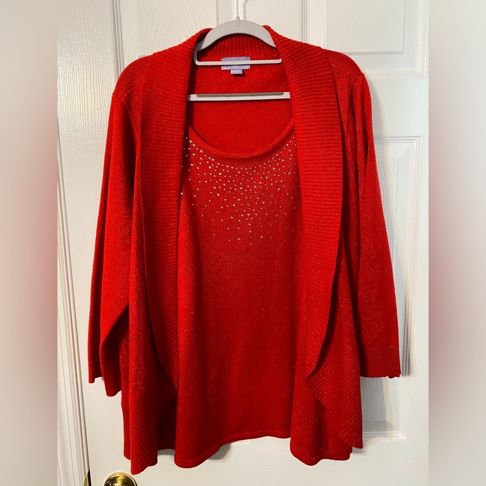Laura Scott Women Plus Size 1X Red Cardigan Sweater Rhinestone1 Piece Christmas